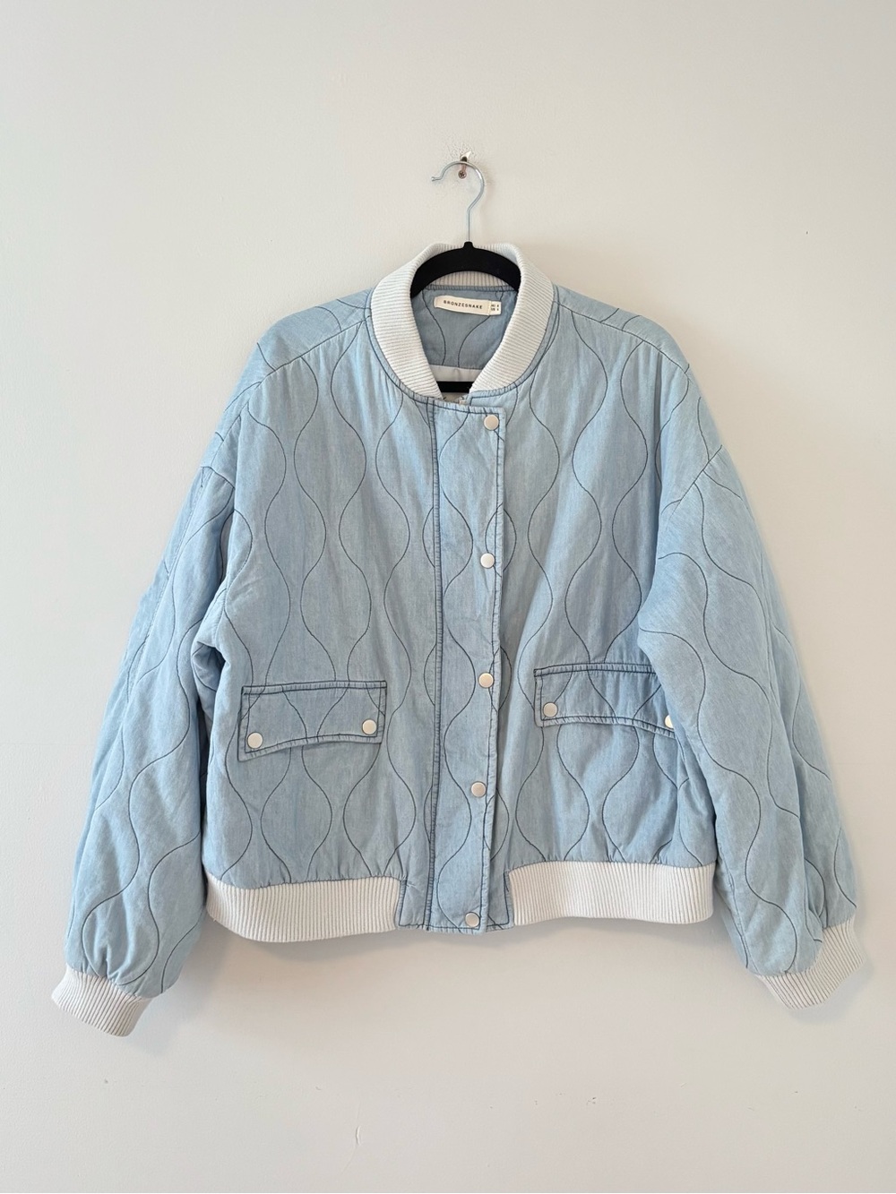 Bronze Snake Quilted Chambray Bomber Jacket Snap Button Closure Coat Blue